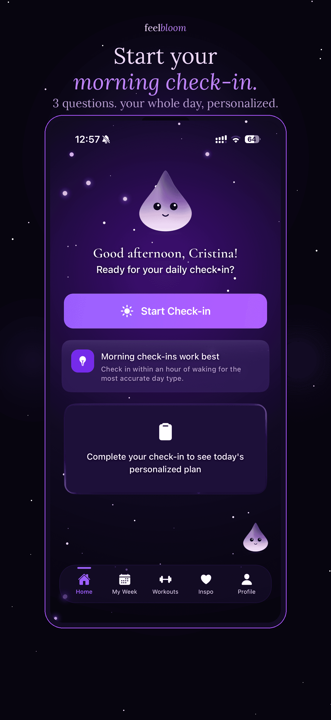 Feel Bloom morning check-in screen