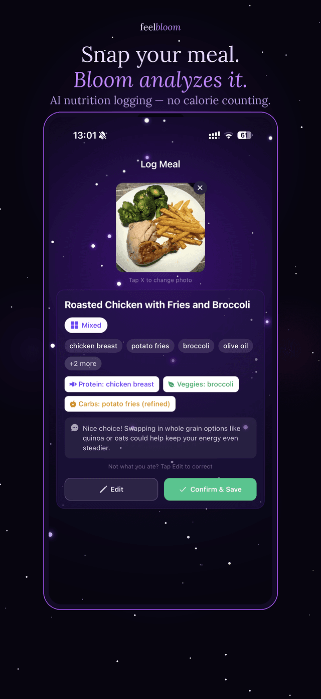 Feel Bloom AI meal logging screen
